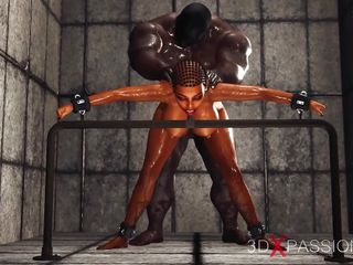 Hot ebony with many boobs in restrains is ready for intense anal sex