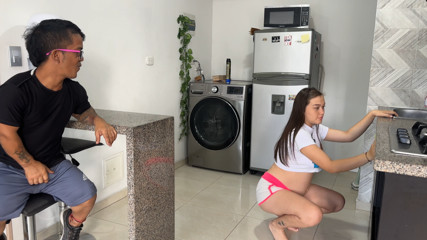 I get home from work and I see my rich pregnant stepdaughter doing cleaning, I get horny while I see her ass and I end up putting my penis in her.