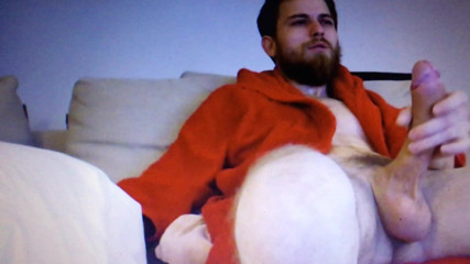 Bearded guy huge hung curved banana cock jerking