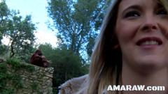 Blonde babe Cristal Bardzo swallowing cum and fucking outdoor