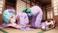 Green-haired Kimono Girl's Private Morning! Purple Yukata Slightly Damp, Kneeling on the Bed in a Japanese Room