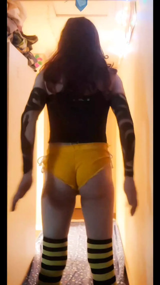 Having a dance in my little yellow shorts before mounting my dildo on my chair and stroking to a lovely orgasm