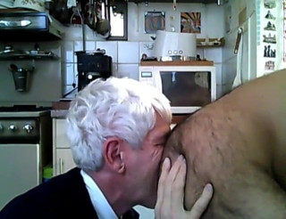 White haired daddy sucks cock and rims hairy man
