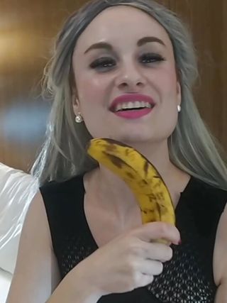 Horny blonde inserts her banana while her stepfather watches her