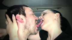 Wild tongues play with a lot of spit! Shiny blue lipstick fetish!