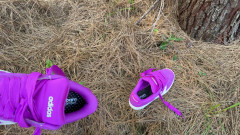 Fucking and cumming outdoors in the park with the wife's new pink Adidas sneaker. First cumshot on him