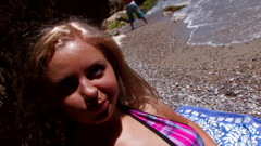 Sunbathing blonde slut gets fucked by a muscly guy she just met