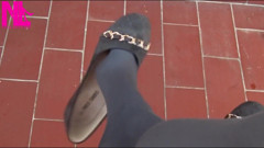 Dangling in Grey Pantyhose and Ballet Flats with Chains