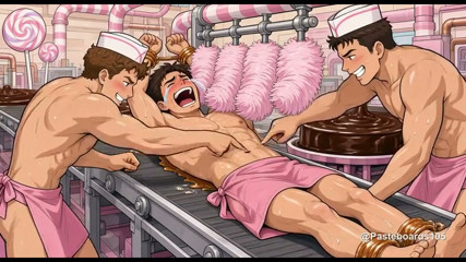 Glued To The Candy Factory Conveyor, Candy-Floss Brushes On His Belly And Ribs (2D Anime)