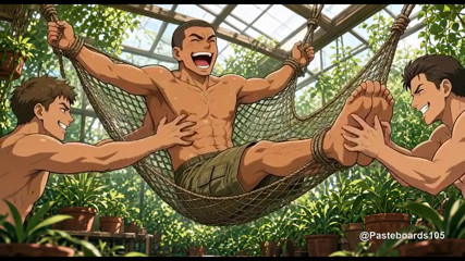 The Greenhouse Bench - Roped Down, Fingers On His Ribs And Bare Feet (2D Anime Bara)