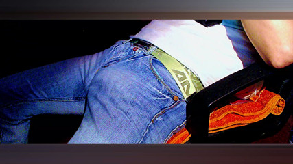 E-Stim pee and cum in old blue Jeans