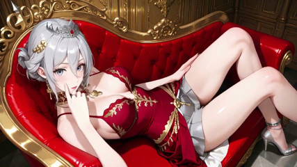Silver Queen on the Golden Throne! Red Silk, Lazy Gaze, and a Teasing Glance That Melts You