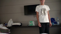 Alex gives me footjob in white-red sneakers and bare feet