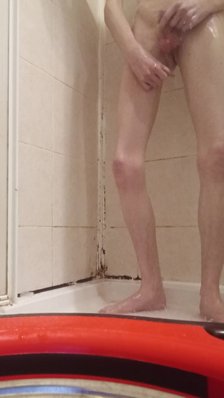 Bi chav washing and wanking himself in the shower rock hard cock massive creamy load for hire