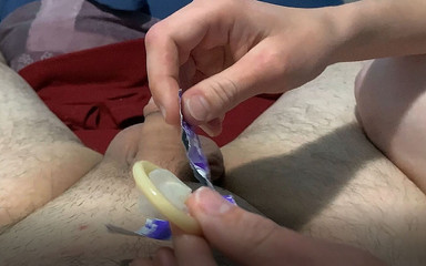 She jerks me off with a condom and I cum inside