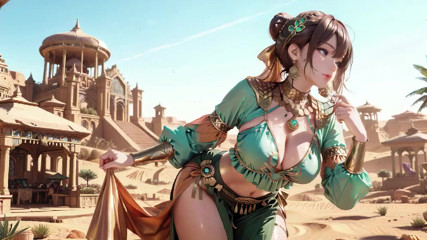 Green Gold Queen Coronation! Lazy side-lying in the desert palace, fingers teasing hair and veil, sun-kissed skin glistening.