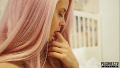Shy pink hair student dancing naked with stuffed toy