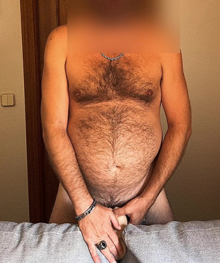 Fat and hairy Spanish fucks his toy with his small cock