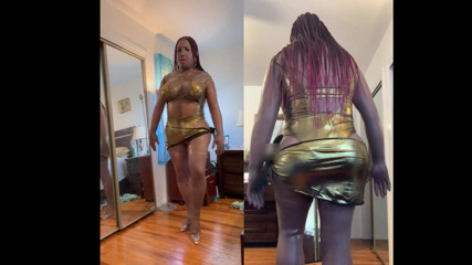 Black Babe Danae in a Sexy Gold Bathing Suit, Stripping, Fucking Her Dildo and Shooting Her Load thumbnail