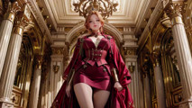 Red Queen on the Golden Throne! Deep Velvet Gown, Lazy Chin Rest, and a Gaze That Locks Onto You. Is She a Ruler or Prey?