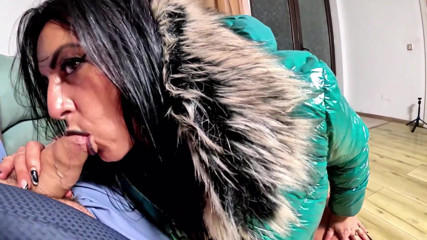 Glossy Fur Hooded Downjacket POV. Deepthroat, Sleeve Play, Riding and Double Cum