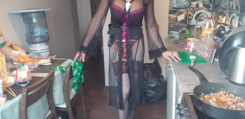Cooking dinner in a sheer outfit
