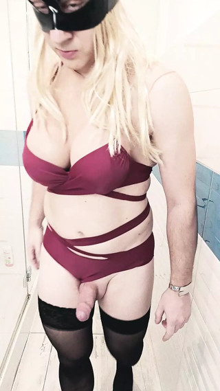 blond tranny with big tits in sexy violet bikini and stockings thumbnail