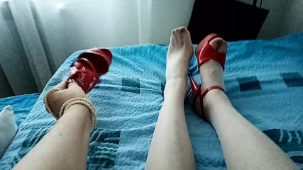 MILF tranny shows off only her legs in white transparent pantyhose simulating Footjob with vibrator thumbnail