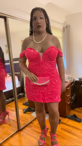 Black babe Danae strips from pink dress to lingerie to nude and shoots her load thumbnail