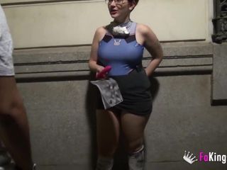 Busty nerd redhead looks for guys to suck in a public street