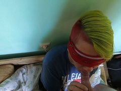 Blindfolded blowjob with cum clean up from her hand