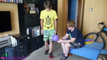Thin, black socks blowing up balloons + footjob