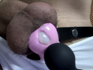 Twink cum in chastity cage with a vibrator very fast