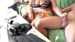 Jen gives John a nice handjob on the sofa
