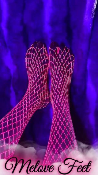 Pink neon fishnet on sexy small Asian feet with long toes