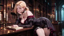 Blonde in a Black Gown Swaying on Red Velvet, Candlelight Gaze and Fan Teasing the Collarbone