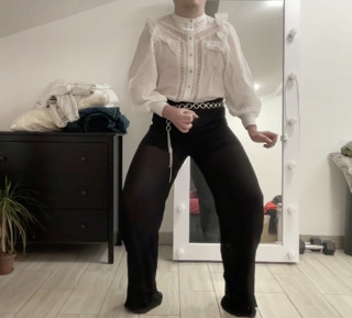 Crossdresser tranny palazzo wideleg fetish trousers, satin silk blazer, white office ruffled blouse and high heels boots