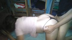 Girl in a short pink dress I pull her black thong sideways and put it in her