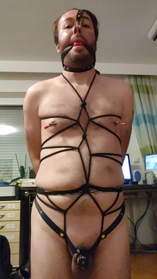 Nipple torture with alligator clamps for handcuffed gagged selfbondage slave - 10 min of extreme pain