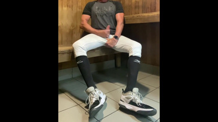 Buff Jacked Jockdad87 Edges in Baseball Gear in the Sauna