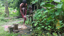 Tha naked Indian mature man shower in open place and showing body and dick..