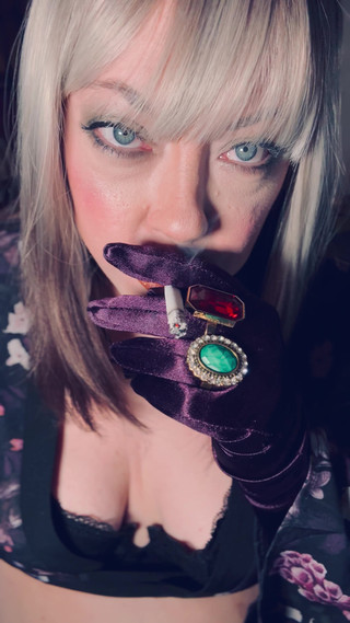 BBW Smoker Tina Snua Wears Purple Satin Gloves & Jewellery & Tip To Tail 2 Cigarettes – Domme Smoking BBW OMI OME