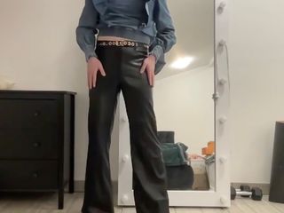 Sissy in leather flare bootcut trousers and jeans blouse