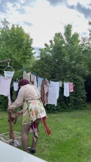 Dressed in a little dress to pick up the laundry