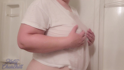 Wet T-shirt Tease in Shower with Curvy Natural Tits
