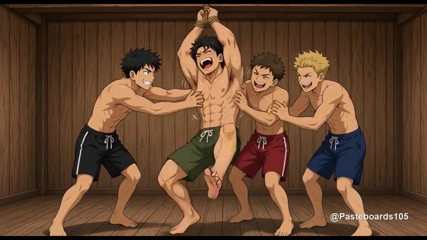 Strung Up By The Wrists II - Bare Hands On A Bound Muscle Jock's Armpits And Ribs (2D Anime Bara)