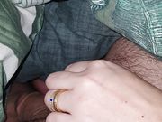 Step sister hand slip under blanket touching step brother dick and handjob him