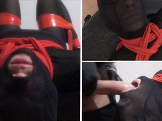 Amateur Bondage: Tied up nylon slut facefucked and jerked on