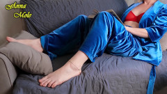 Hot Mommy in Pajamas, Can't Sleep, and Begins to Caress Herself Everywhere, Reaching a Strong Orgasm
