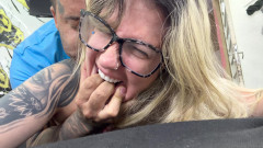 Nerdy girl feels the cuckold's cock for the first time in her face, mouth and ass